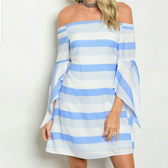 beautiful Off Shoulder, Striped, Bell Sleeve Dress - Picture 1 of 2